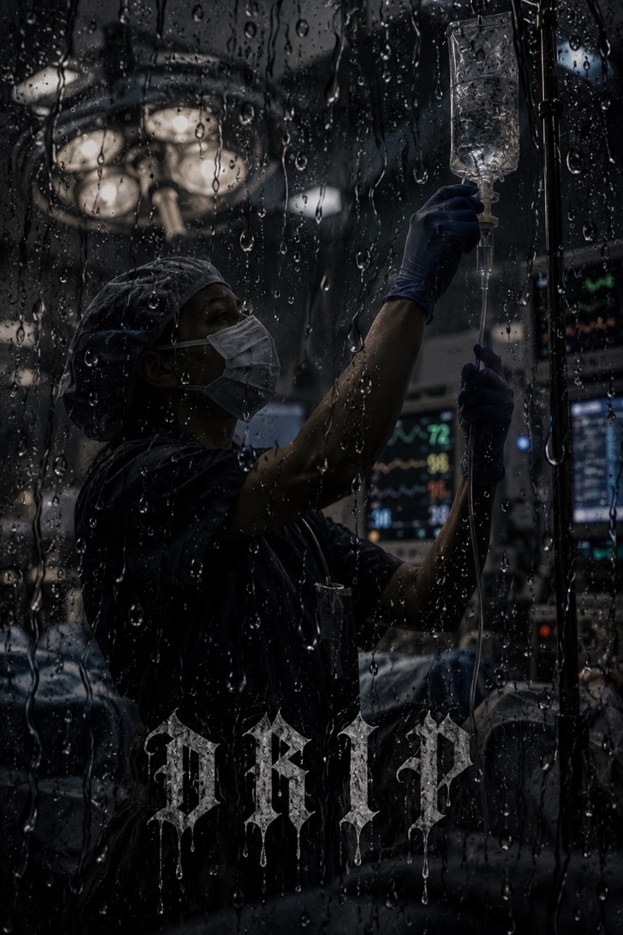 DRIP poster showing a clinician holding an intravenous fluid bag behind rain-streaked glass
