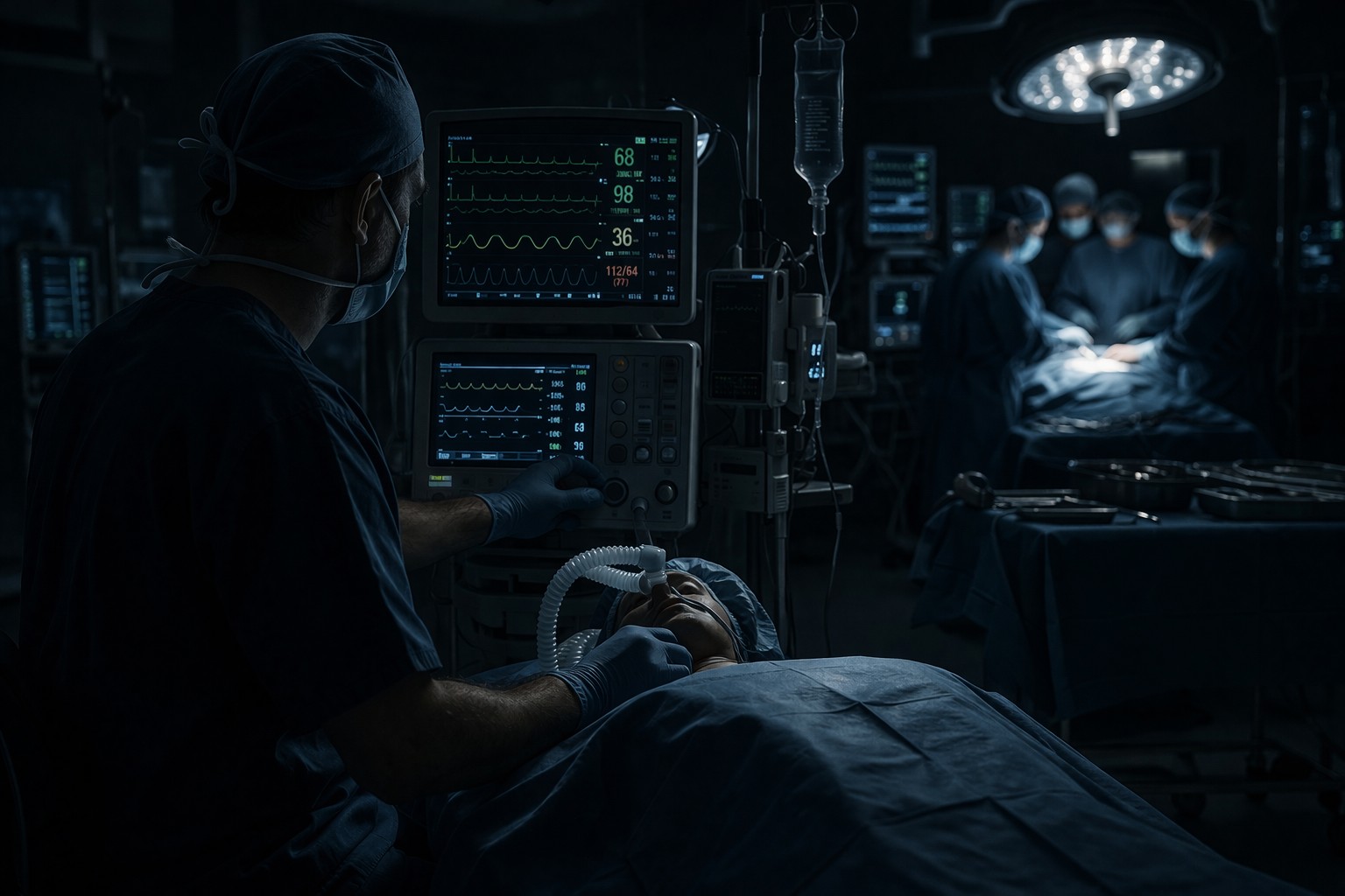 An anesthesiologist monitoring a patient in a dark operating room