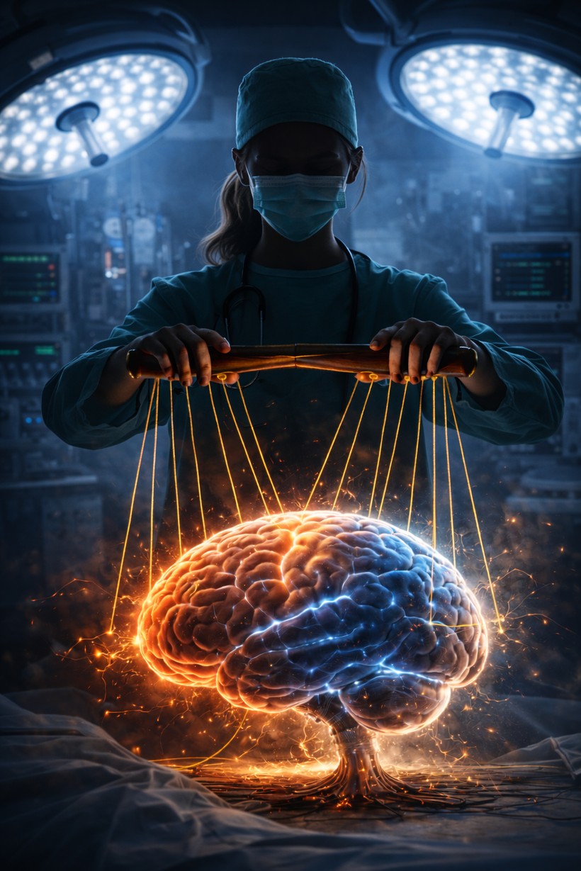 An anesthesiologist beneath operating-room lights